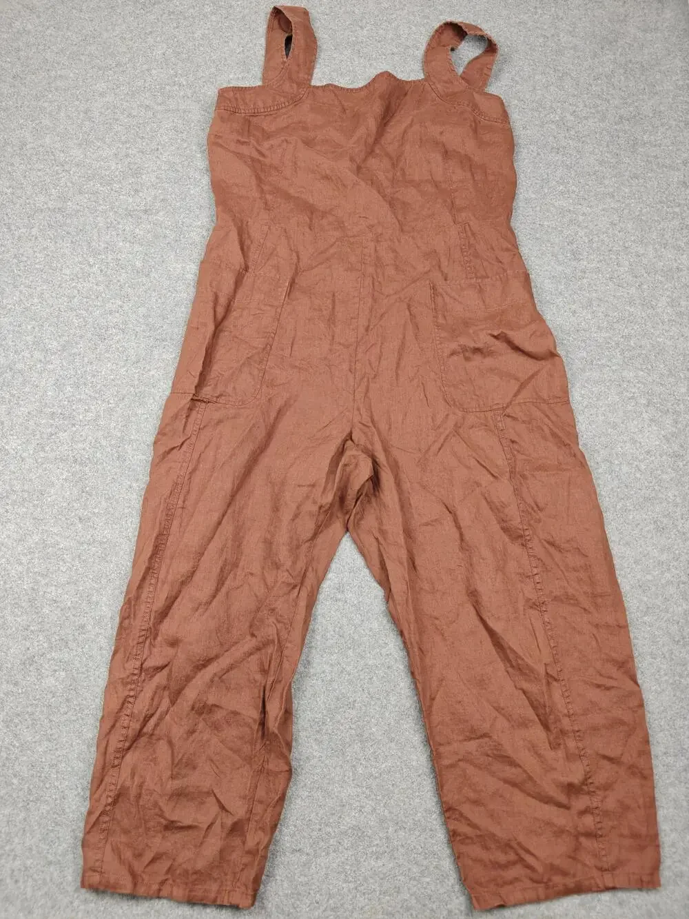Everlane Jumpsuit Womens 16 Brown Linen Square Neck Sleeveless Wide Leg Pockets